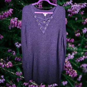 Style & Co Merle Purple Women's Ribbed Knit Tunic Sweater with Lace-up Neckline